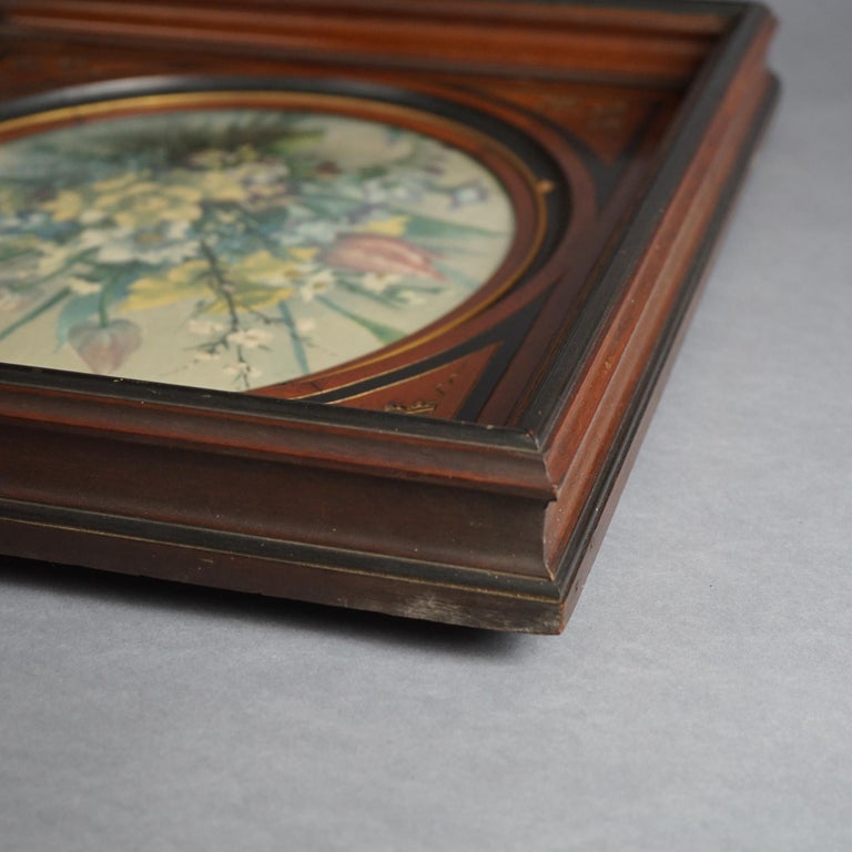 Pair of Deep Walnut Ebonized, Incised & Gilt Frames Housing Floral Prints C1890