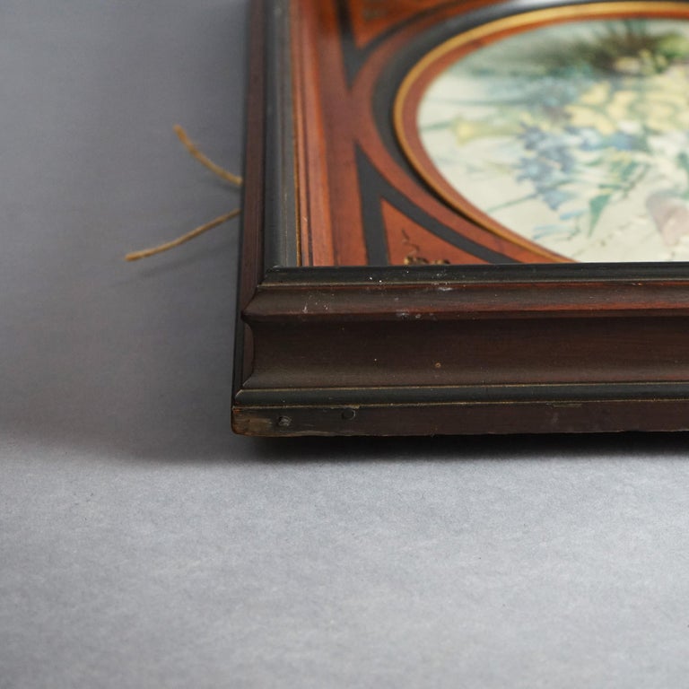 Pair of Deep Walnut Ebonized, Incised & Gilt Frames Housing Floral Prints C1890