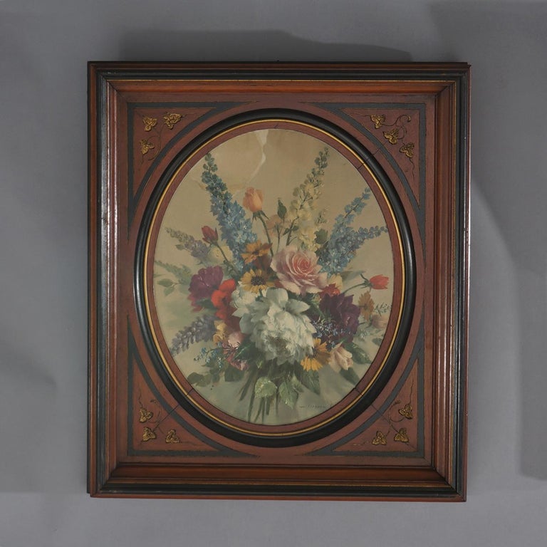 Pair of Deep Walnut Ebonized, Incised & Gilt Frames Housing Floral Prints C1890