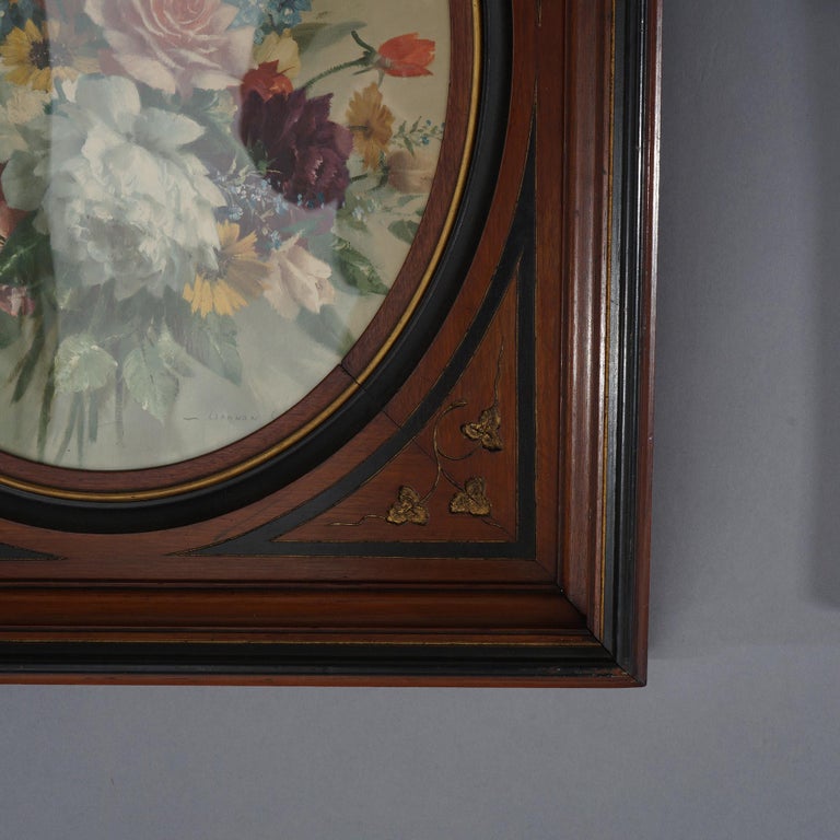 Pair of Deep Walnut Ebonized, Incised & Gilt Frames Housing Floral Prints C1890