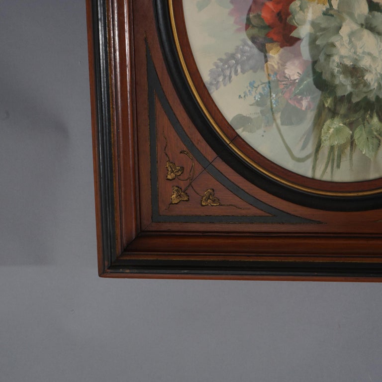 Pair of Deep Walnut Ebonized, Incised & Gilt Frames Housing Floral Prints C1890