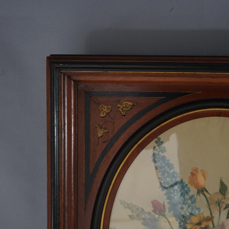 Pair of Deep Walnut Ebonized, Incised & Gilt Frames Housing Floral Prints C1890