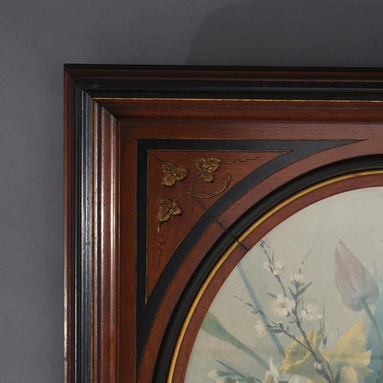 Pair of Deep Walnut Ebonized, Incised & Gilt Frames Housing Floral Prints C1890
