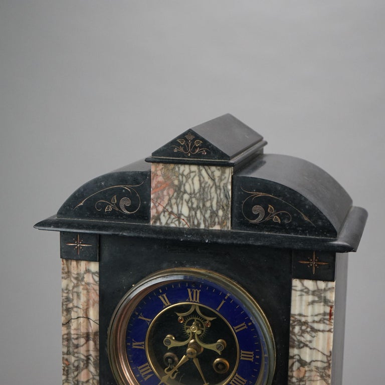 Antique American Empire Slate & Marble Clock with Blue Enamel Open Escapement