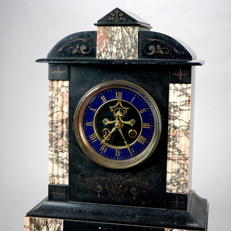 Antique American Empire Slate & Marble Clock with Blue Enamel Open Escapement