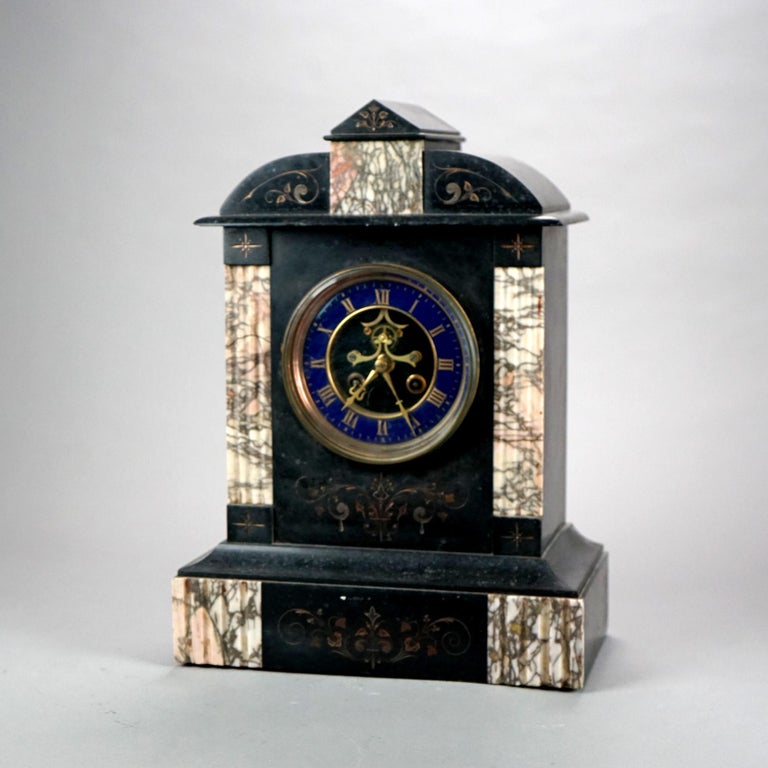 Antique American Empire Slate & Marble Clock with Blue Enamel Open Escapement