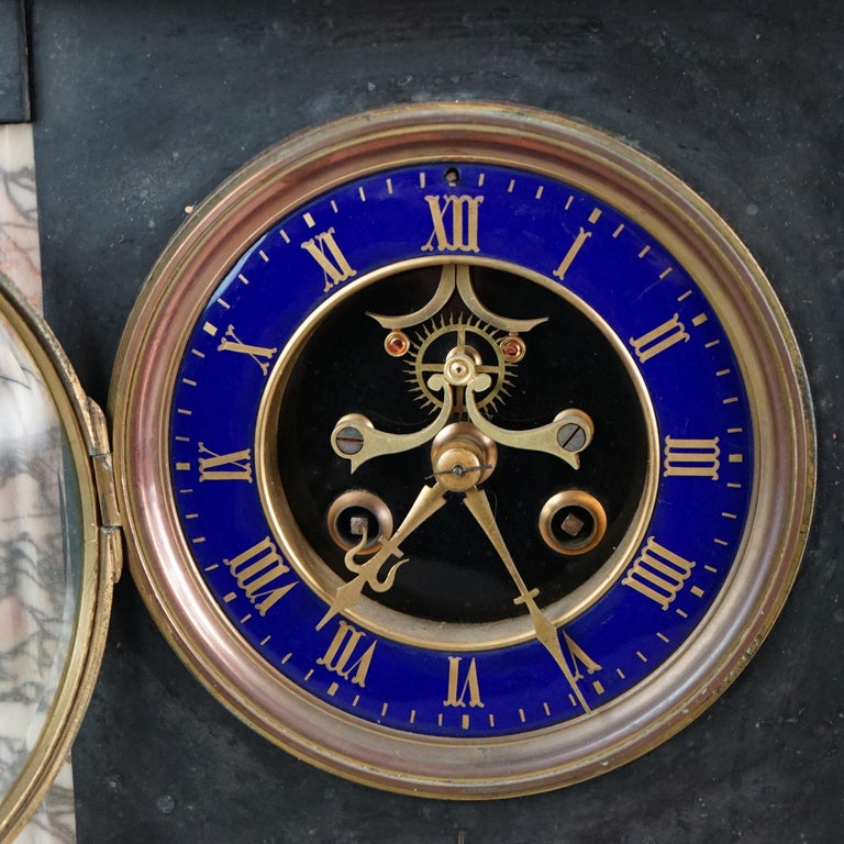 Antique American Empire Slate & Marble Clock with Blue Enamel Open Escapement