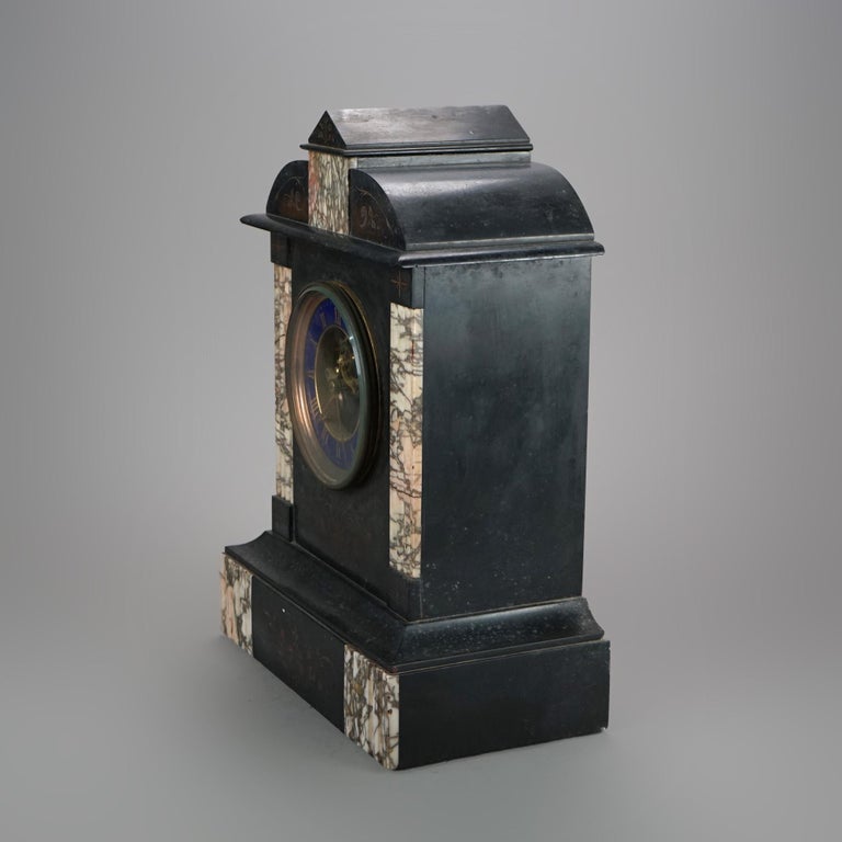 Antique American Empire Slate & Marble Clock with Blue Enamel Open Escapement