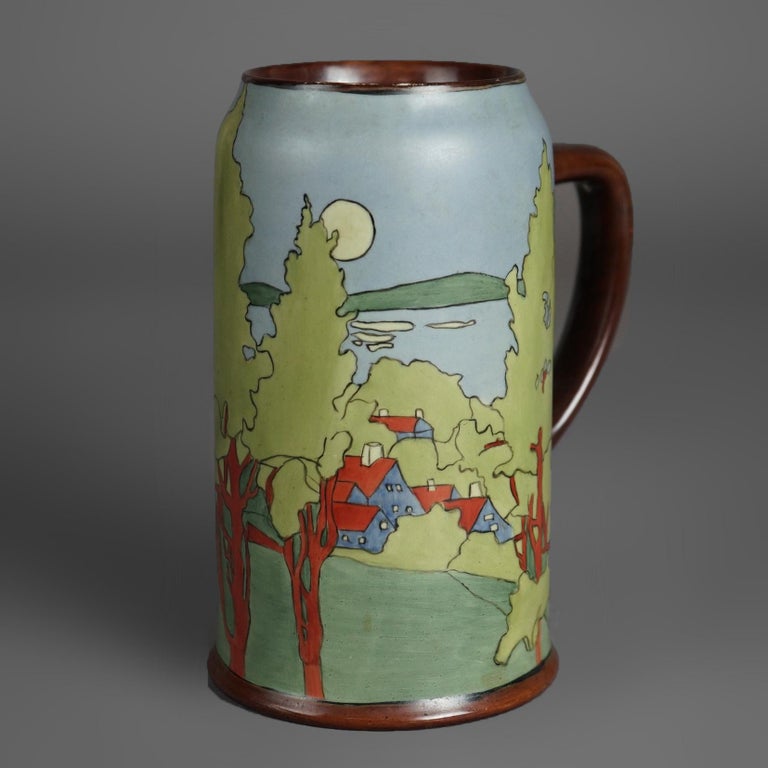 Antique Arts & Crafts Wesley Dow School Scenic Porcelain Tankard Circa 1900