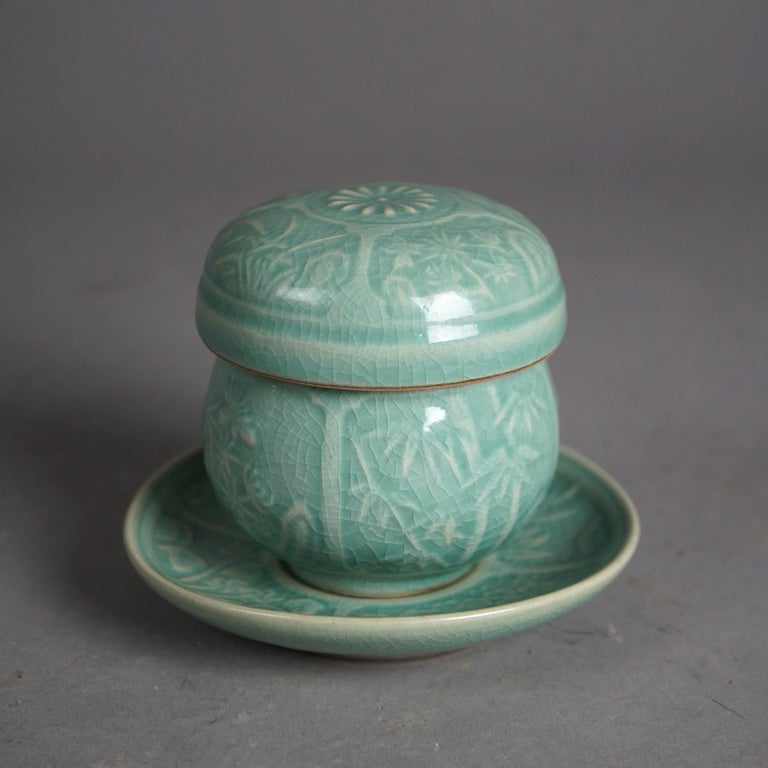 Pair of Antique Chinese Celadon Stamped Teacups with Inserts C1930