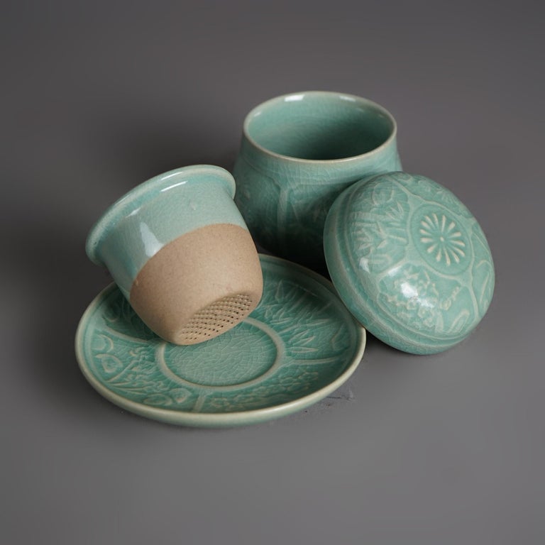 Pair of Antique Chinese Celadon Stamped Teacups with Inserts C1930