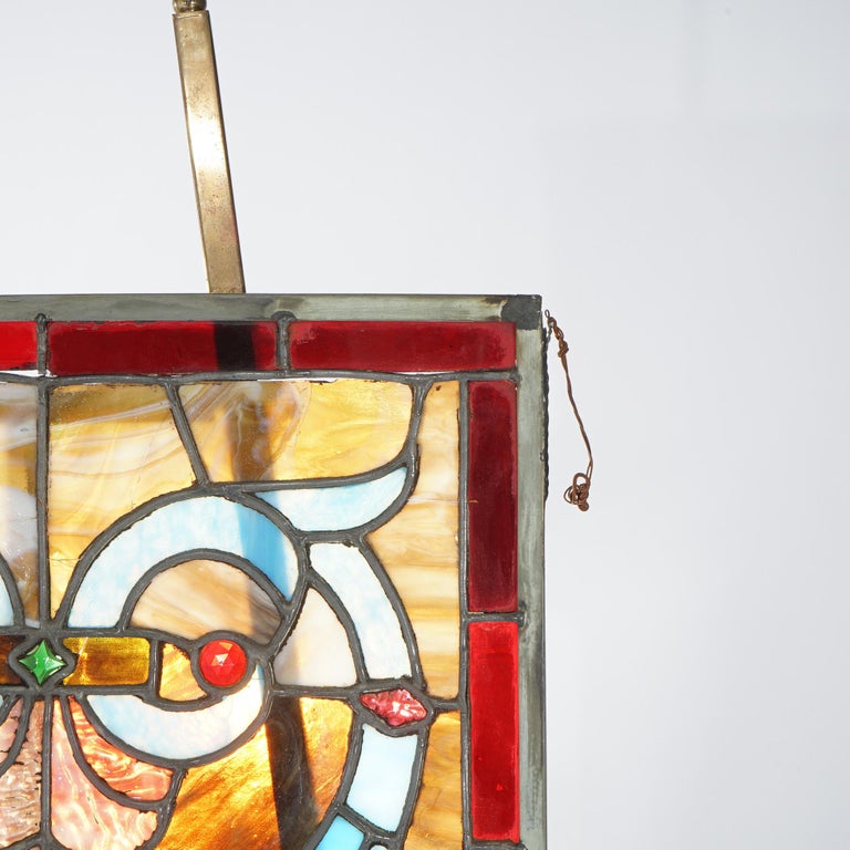Arts & Crafts Leaded Slag & Jeweled Stained Glass Window with Stylized Owl c1920