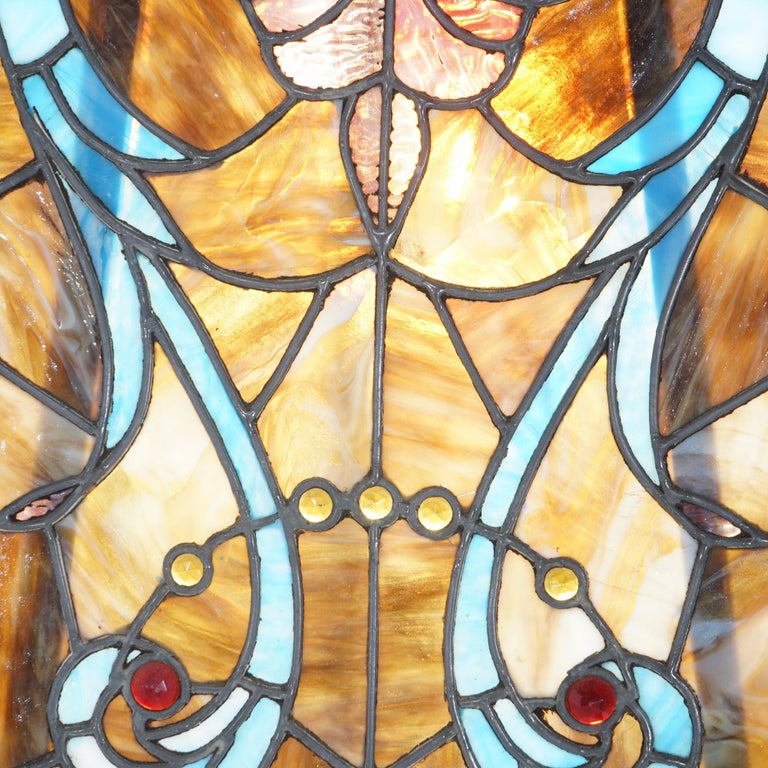 Arts & Crafts Leaded Slag & Jeweled Stained Glass Window with Stylized Owl c1920