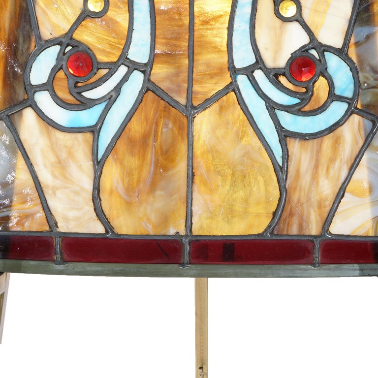 Arts & Crafts Leaded Slag & Jeweled Stained Glass Window with Stylized Owl c1920