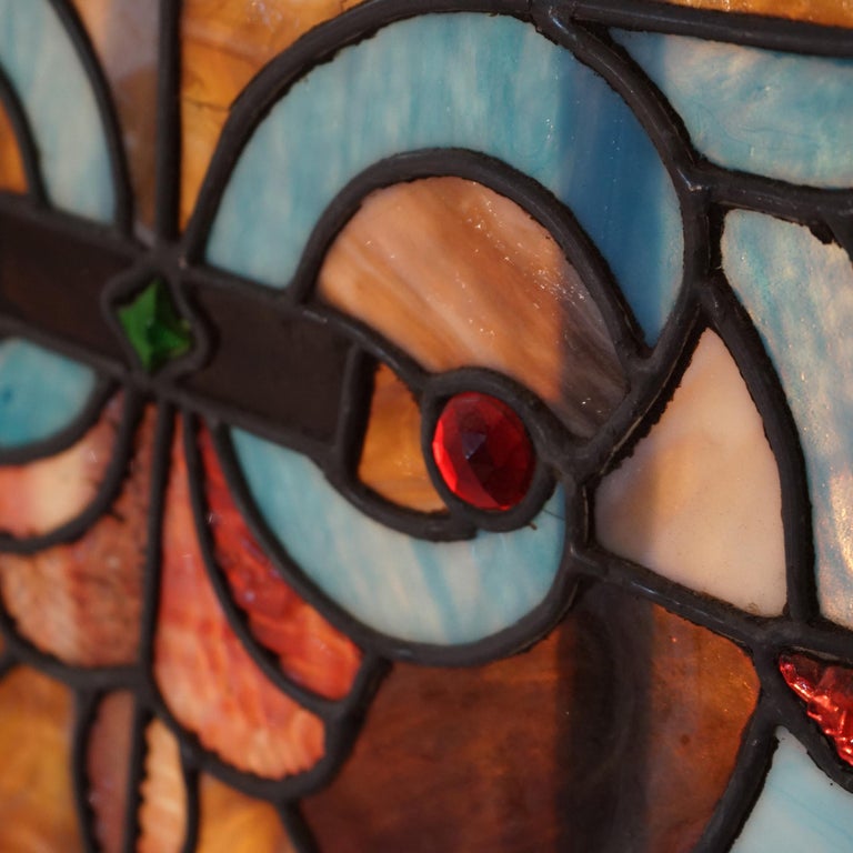 Arts & Crafts Leaded Slag & Jeweled Stained Glass Window with Stylized Owl c1920