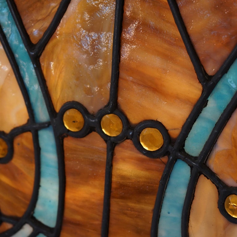 Arts & Crafts Leaded Slag & Jeweled Stained Glass Window with Stylized Owl c1920
