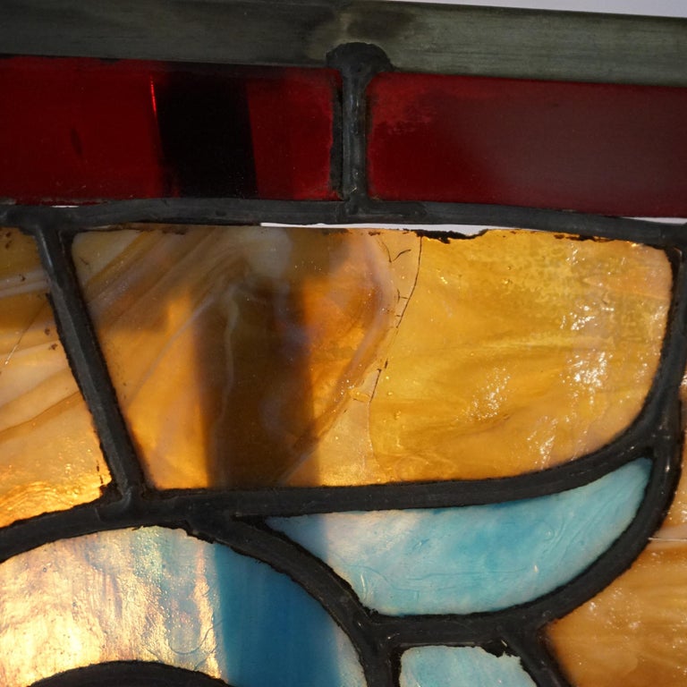 Arts & Crafts Leaded Slag & Jeweled Stained Glass Window with Stylized Owl c1920