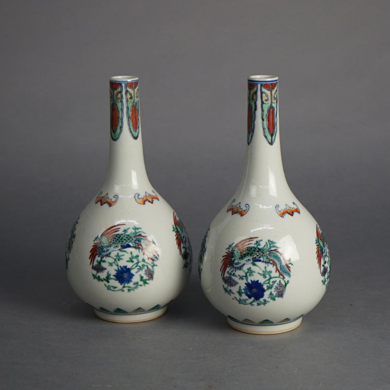 Pair of Chinese Doucai Porcelain Vases with Kangxi Mark & Pheasants 20thC