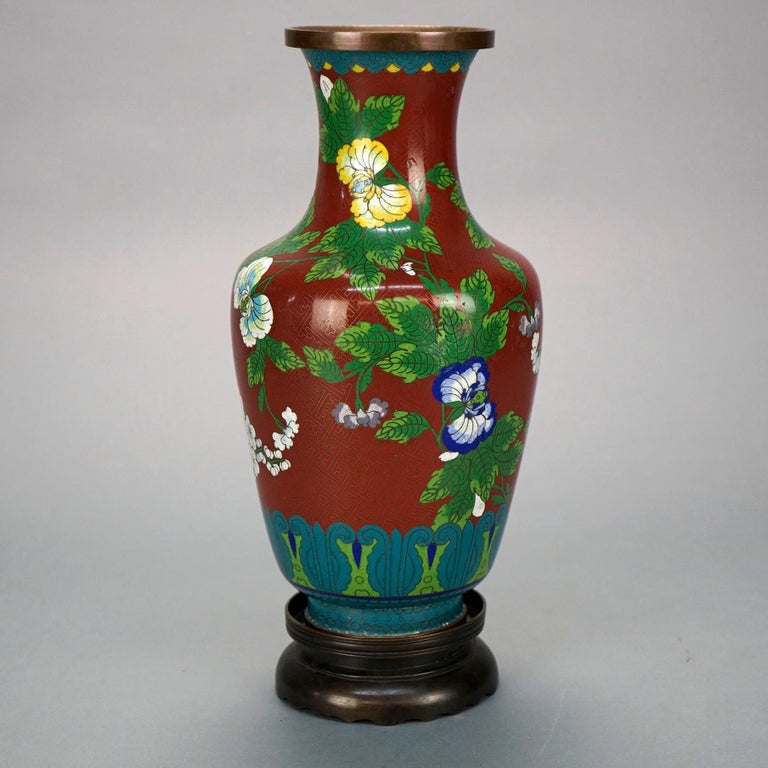 Antique Chinese Cloissone Enameled Vase with Bronze Base, Garden Themed, c1900