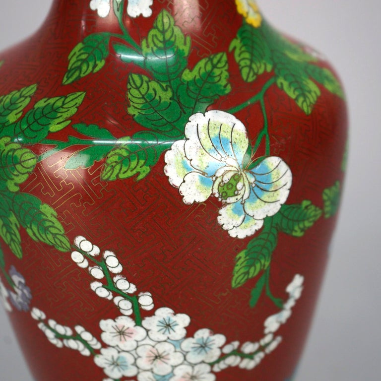 Antique Chinese Cloissone Enameled Vase with Bronze Base, Garden Themed, c1900