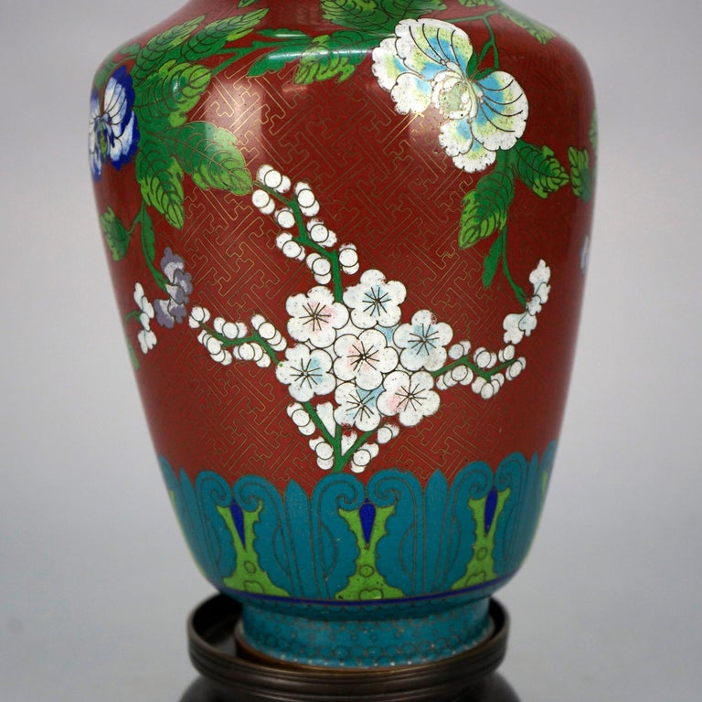 Antique Chinese Cloissone Enameled Vase with Bronze Base, Garden Themed, c1900
