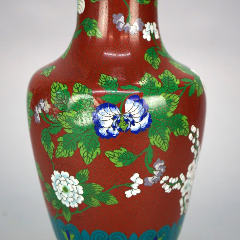 Antique Chinese Cloissone Enameled Vase with Bronze Base, Garden Themed, c1900