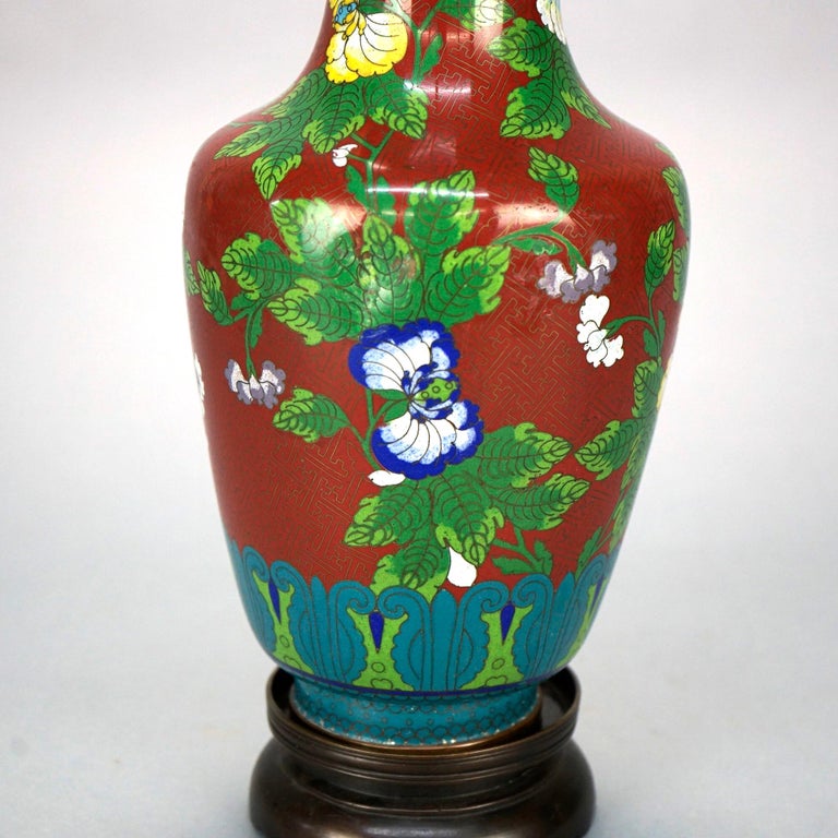 Antique Chinese Cloissone Enameled Vase with Bronze Base, Garden Themed, c1900