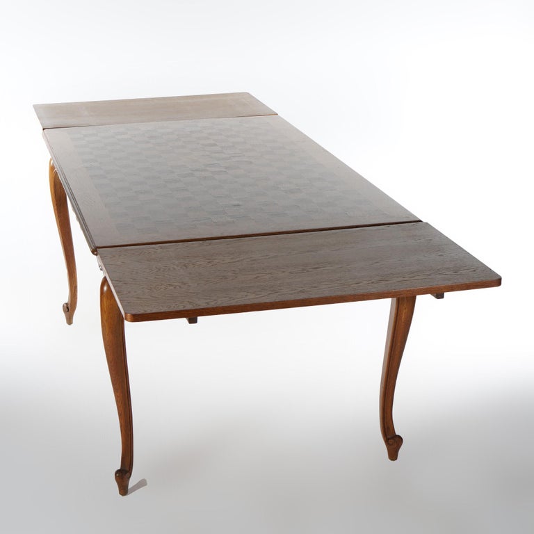French Louis XV Style Oak Parquetry Draw-Top Dining Table & 4 Tall Back Chairs
