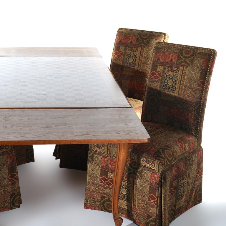 French Louis XV Style Oak Parquetry Draw-Top Dining Table & 4 Tall Back Chairs