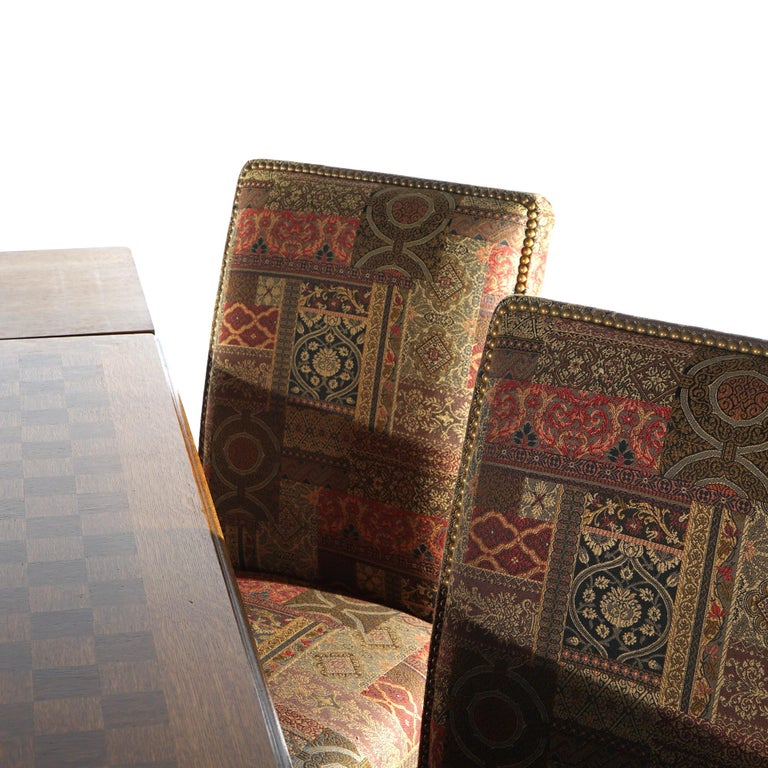French Louis XV Style Oak Parquetry Draw-Top Dining Table & 4 Tall Back Chairs