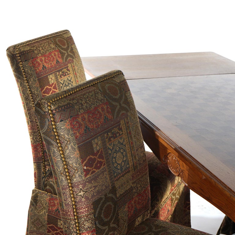 French Louis XV Style Oak Parquetry Draw-Top Dining Table & 4 Tall Back Chairs