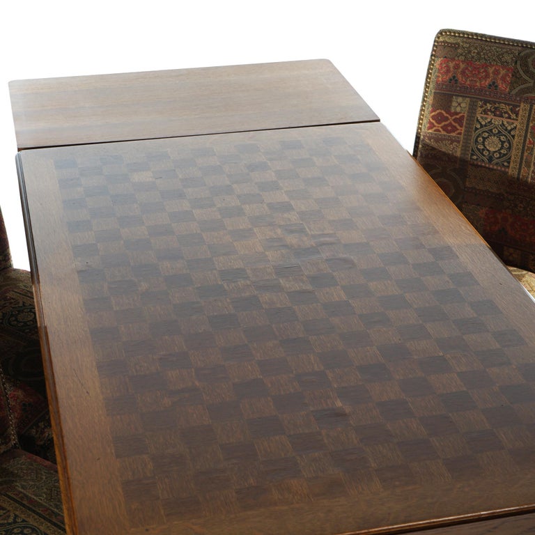 French Louis XV Style Oak Parquetry Draw-Top Dining Table & 4 Tall Back Chairs