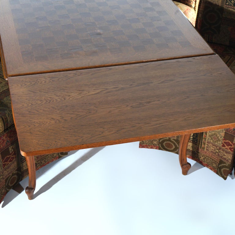French Louis XV Style Oak Parquetry Draw-Top Dining Table & 4 Tall Back Chairs