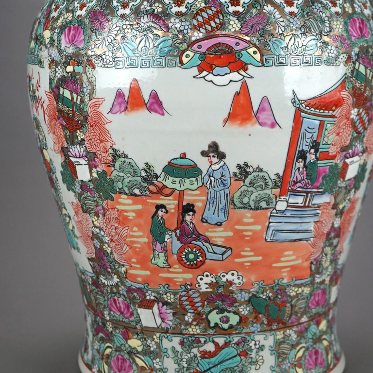 Oversized Chinese Rose Medallion Enameled Porcelain Figural Covered Urn 20thC
