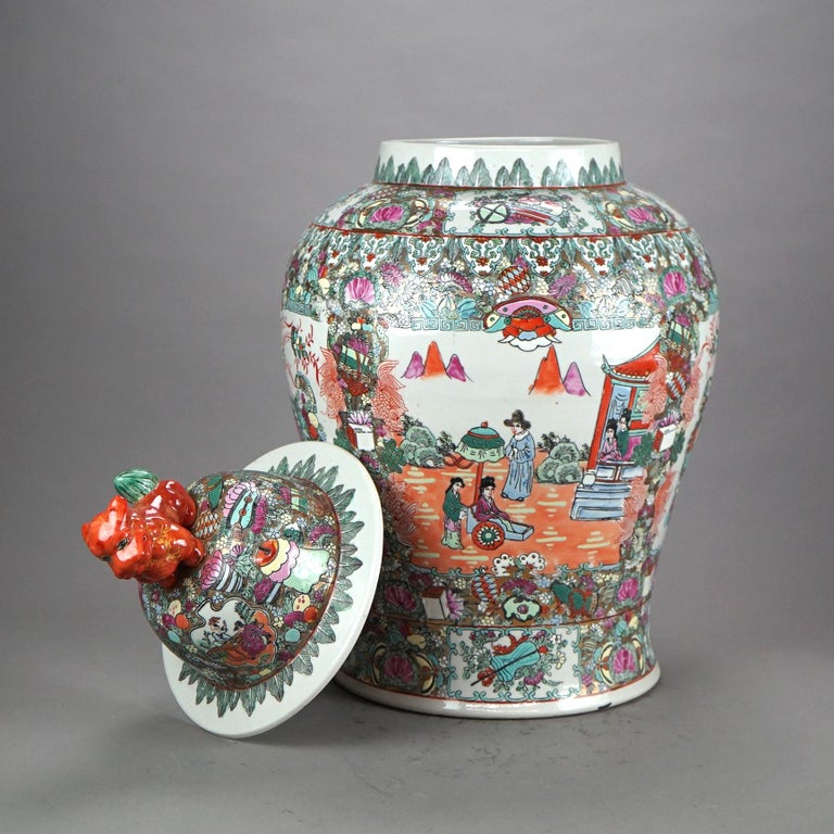 Oversized Chinese Rose Medallion Enameled Porcelain Figural Covered Urn 20thC
