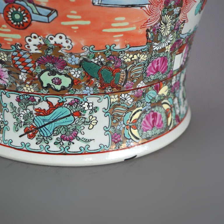 Oversized Chinese Rose Medallion Enameled Porcelain Figural Covered Urn 20thC