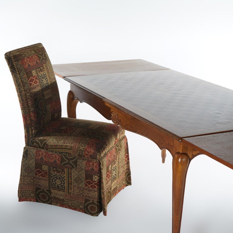 French Louis XV Style Oak Parquetry Draw-Top Dining Table & 4 Tall Back Chairs