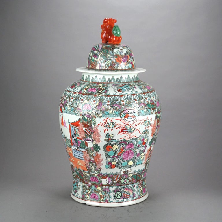 Oversized Chinese Rose Medallion Enameled Porcelain Figural Covered Urn 20thC