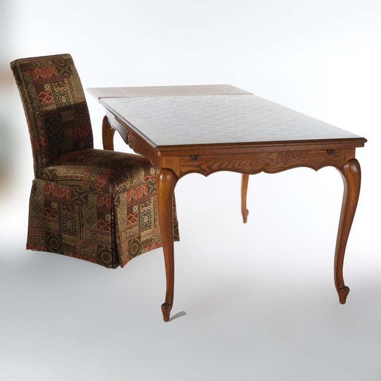 French Louis XV Style Oak Parquetry Draw-Top Dining Table & 4 Tall Back Chairs