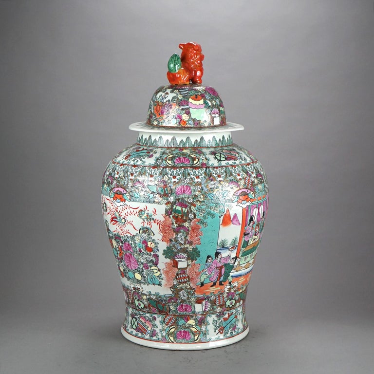 Oversized Chinese Rose Medallion Enameled Porcelain Figural Covered Urn 20thC