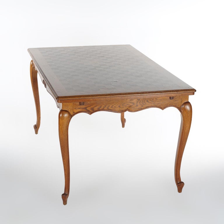French Louis XV Style Oak Parquetry Draw-Top Dining Table & 4 Tall Back Chairs