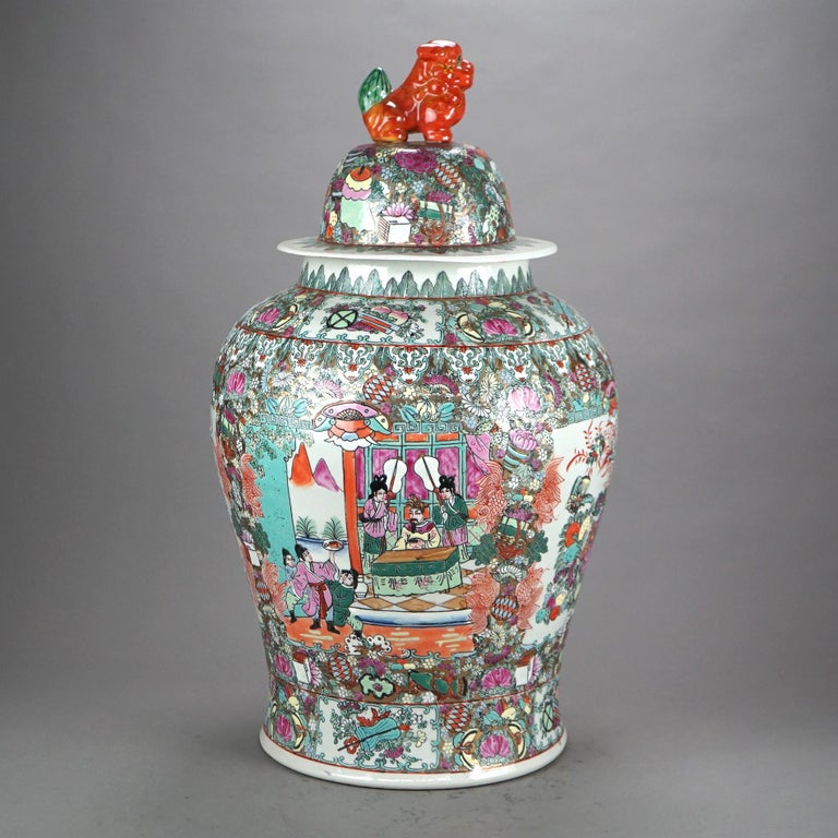 Oversized Chinese Rose Medallion Enameled Porcelain Figural Covered Urn 20thC