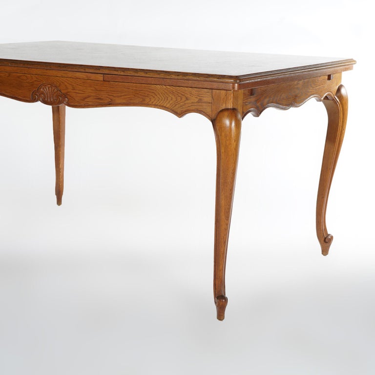 French Louis XV Style Oak Parquetry Draw-Top Dining Table & 4 Tall Back Chairs