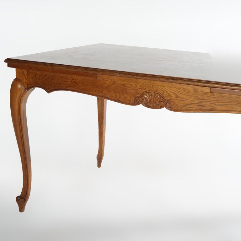 French Louis XV Style Oak Parquetry Draw-Top Dining Table & 4 Tall Back Chairs