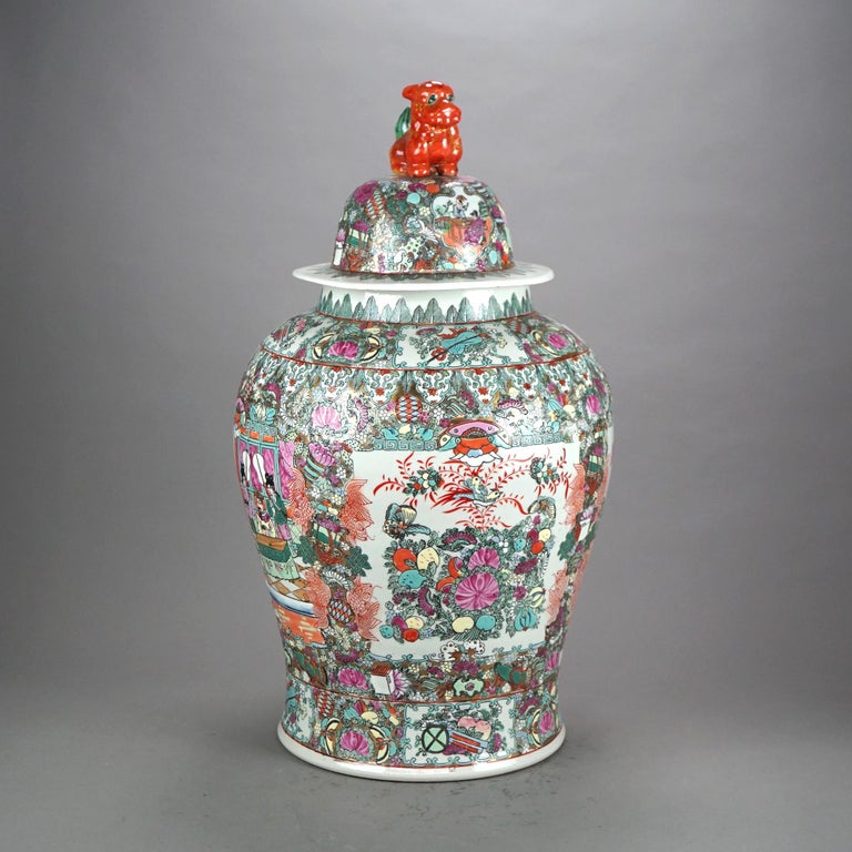 Oversized Chinese Rose Medallion Enameled Porcelain Figural Covered Urn 20thC