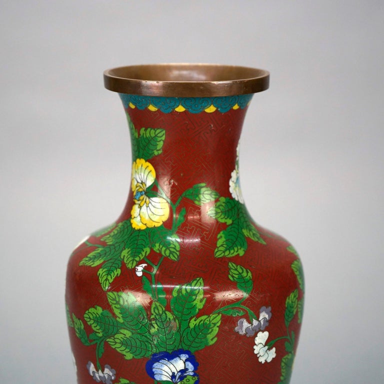 Antique Chinese Cloissone Enameled Vase with Bronze Base, Garden Themed, c1900