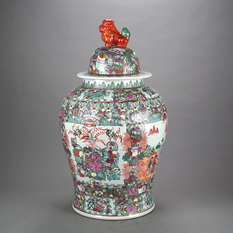Oversized Chinese Rose Medallion Enameled Porcelain Figural Covered Urn 20thC