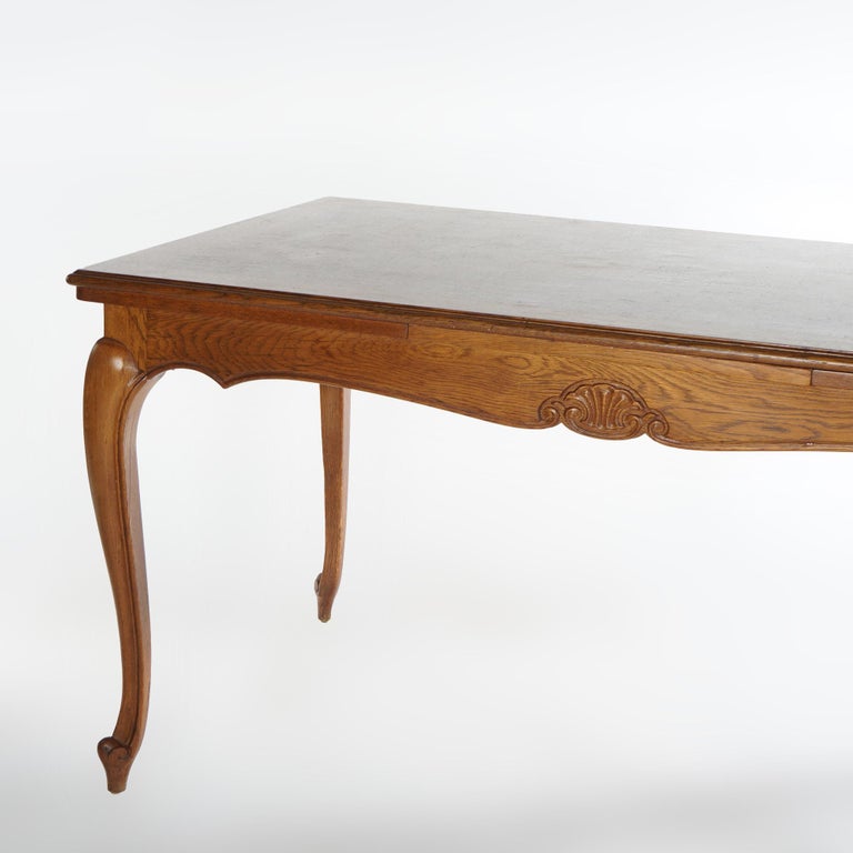 French Louis XV Style Oak Parquetry Draw-Top Dining Table & 4 Tall Back Chairs
