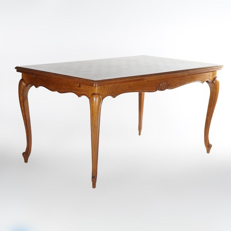 French Louis XV Style Oak Parquetry Draw-Top Dining Table & 4 Tall Back Chairs