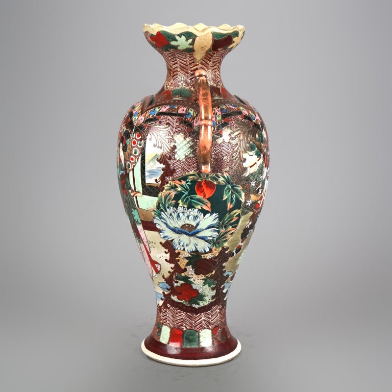 Antique Japanese Satsuma Hand Painted & Gilt Pottery Portrait Vase C1920